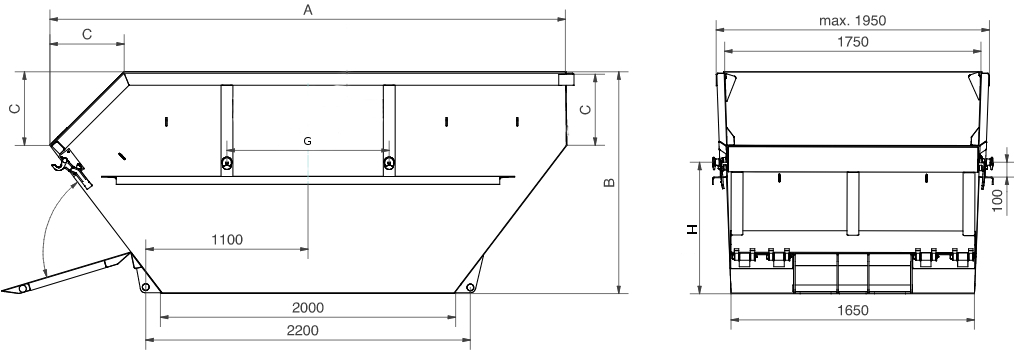 Podstawowe wymiary kontenera mulda niesymetryczna z otwierana przednią ściana o pojemności 7 metrów sześciennych